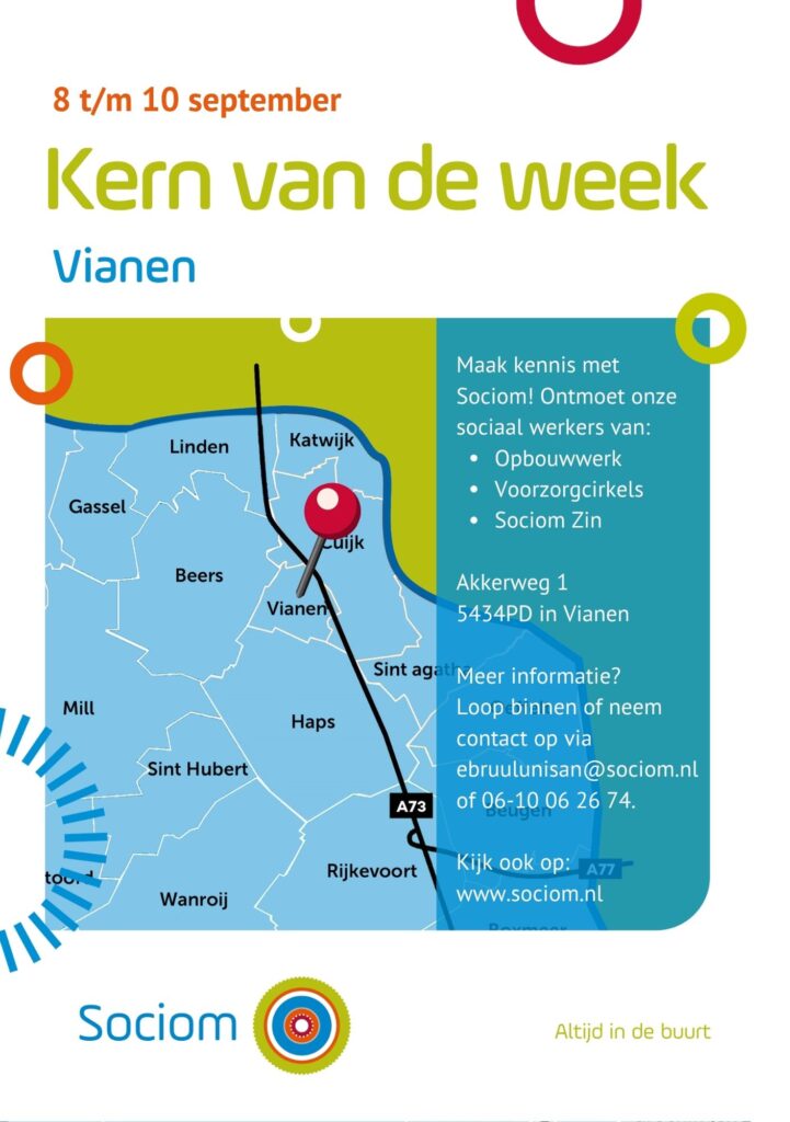 Voorkant flyer met locatie en contactmogelijkheden voor Kern van de Week